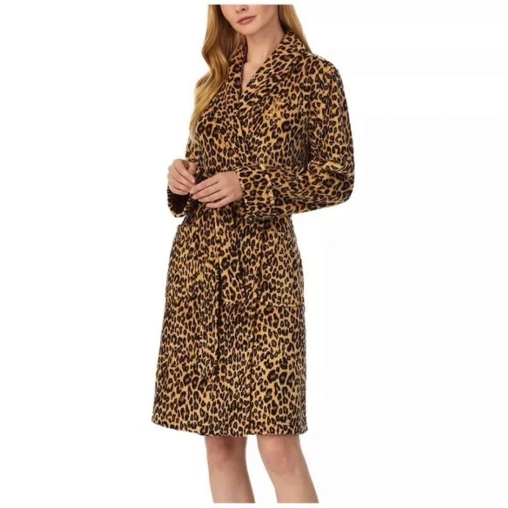 Lauren By Ralph Lauren Short Fleece Black and Tan Cheetah Print Bathrobe Size XL - Picture 2 of 9